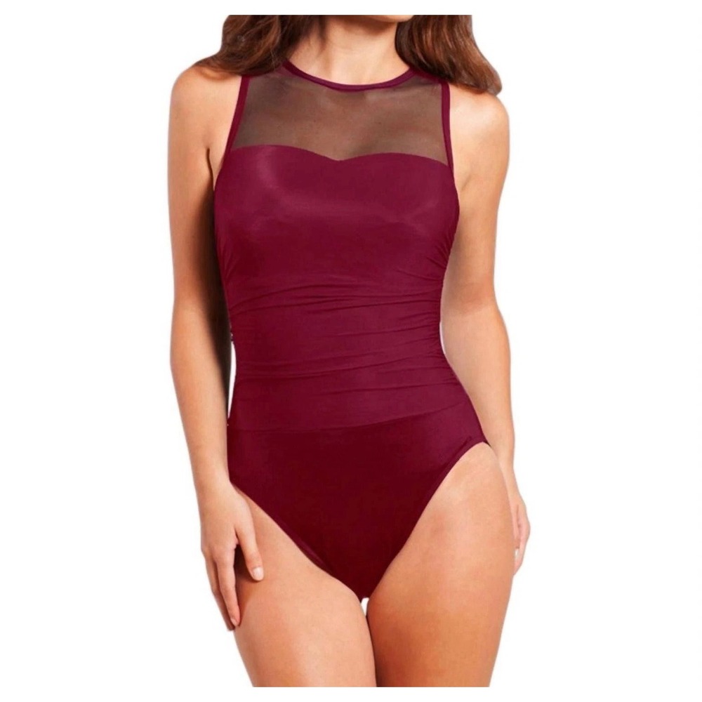 Miraclesuit‎ Rendezvous One Pc Swimsuit Burgundy Mesh High Neck Tummy Control